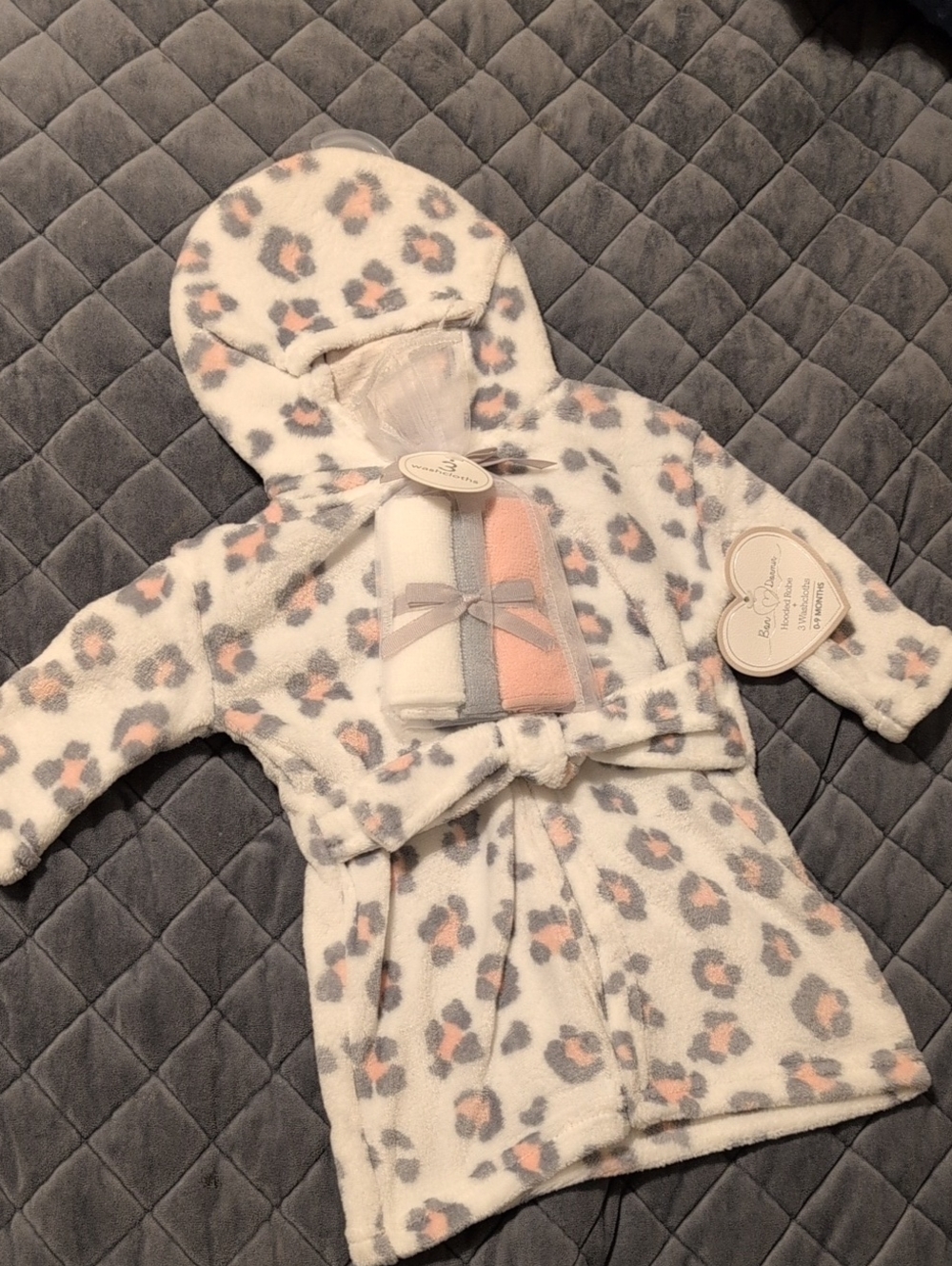 Cozy Plush Hooded Kids Robe in White with Pink & Gray Leopard Print